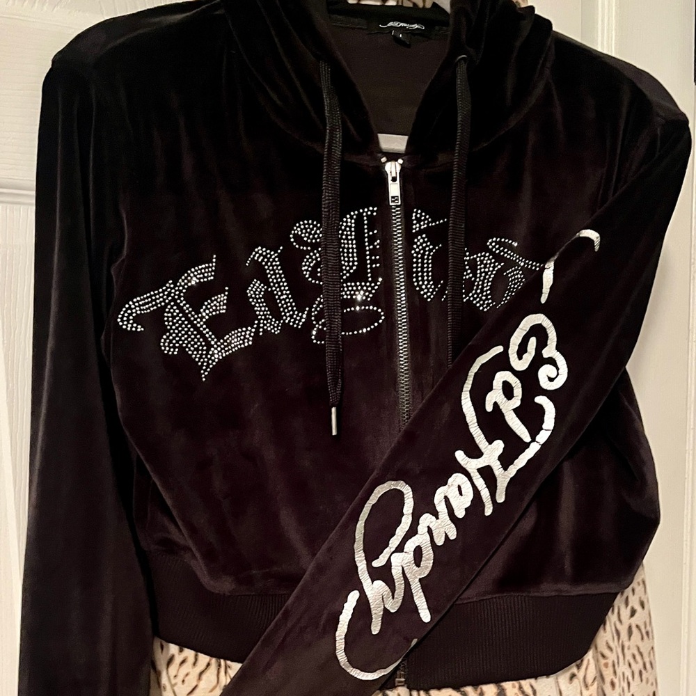 Ed Hardy Black Velour Jacket with White Accents